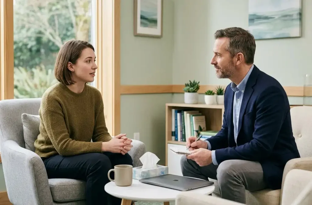 A candid photograph of a female client and a male therapist engaged in a discussion during a counseling session in a light-filled office