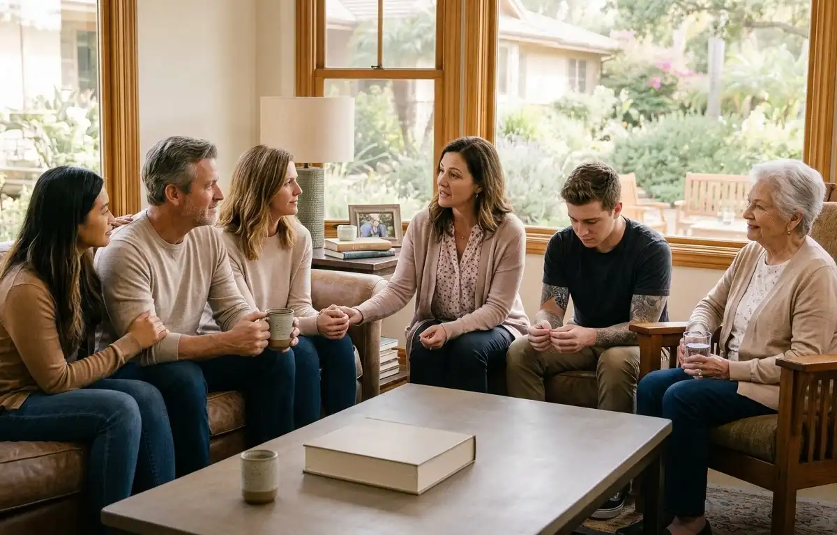 A multi-generational family sitting together in a warm, sunlit living room participating in a supportive family therapy session