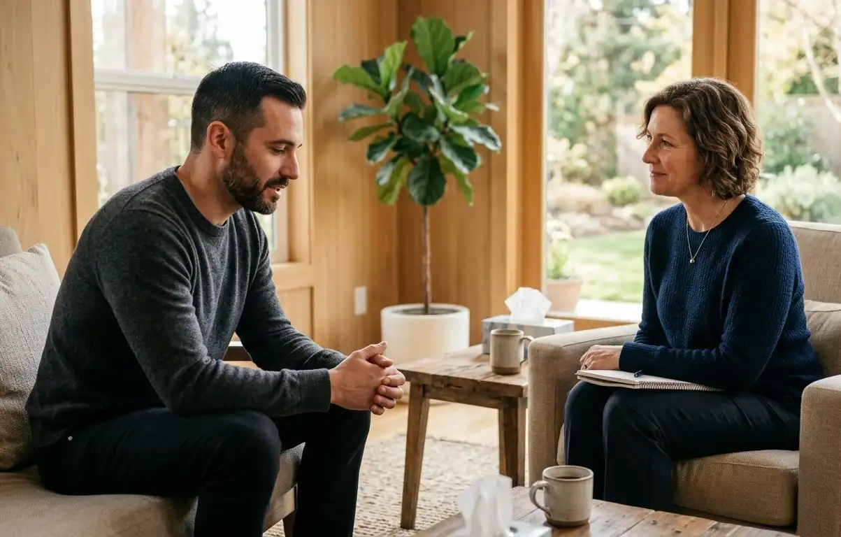 A thoughtful male client sits in a cozy, sunlit room, engaged in a supportive therapy session with a female counselor listening attentively