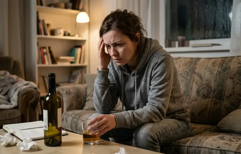 A visibly anxious woman sitting on a living room couch, holding a glass of alcohol next to an open bottle on the coffee table