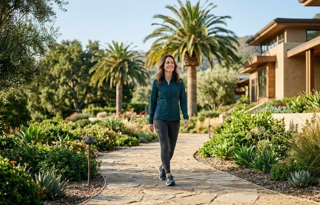 A woman in her 30s enjoying a morning walk on a paved garden path at a modern Southern California wellness center.