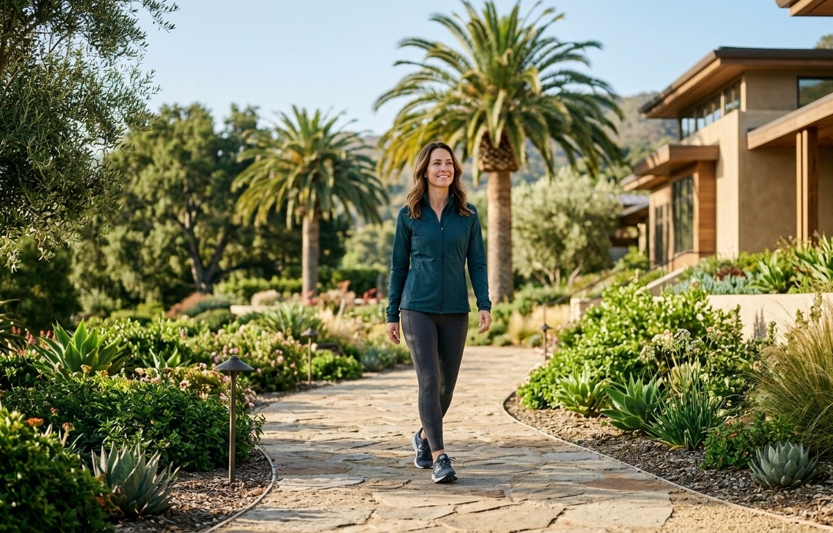 A woman in her 30s enjoying a morning walk on a paved garden path at a modern Southern California wellness center.