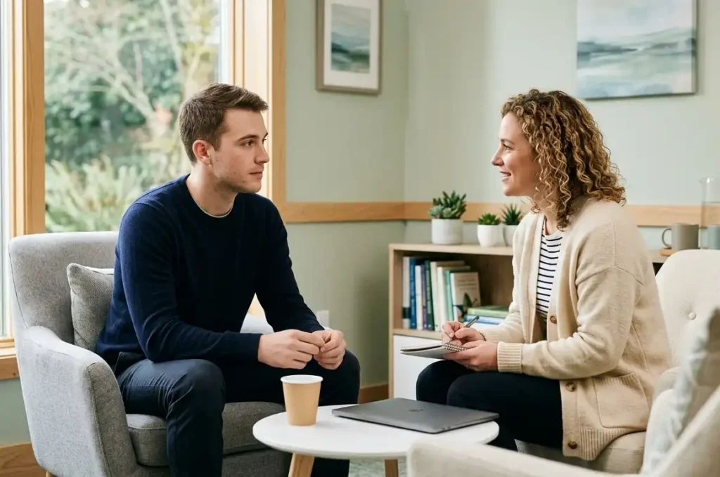 A young man and a female counselor sit across from each other in a light-filled office, engaged in a conversation while she takes notes