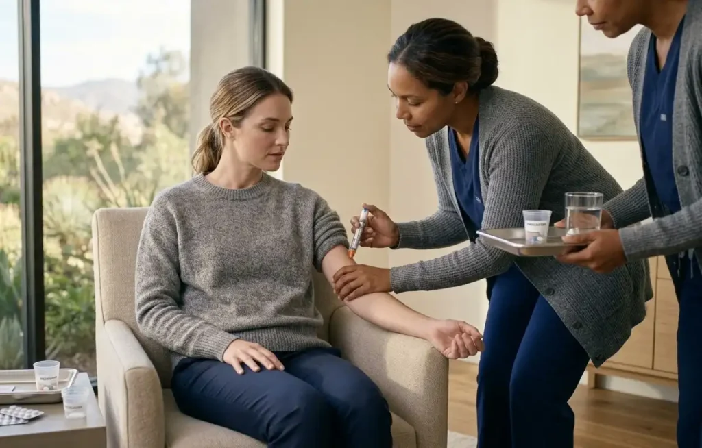 Photo of a female client receiving medication to manage withdrawal symptoms during detox