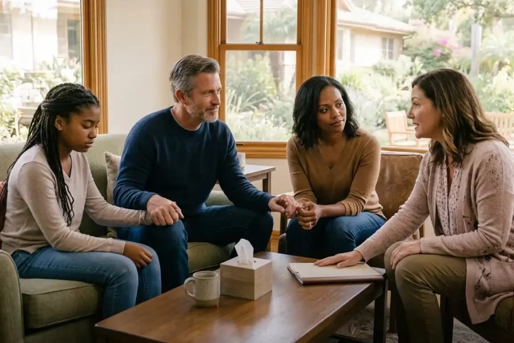 family members during a family therapy inside a drug rehab