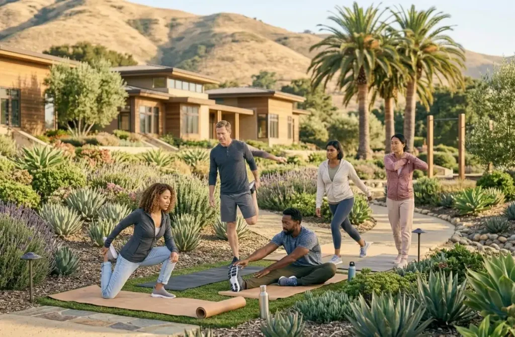 men and women doing some exercise outside the treatment center