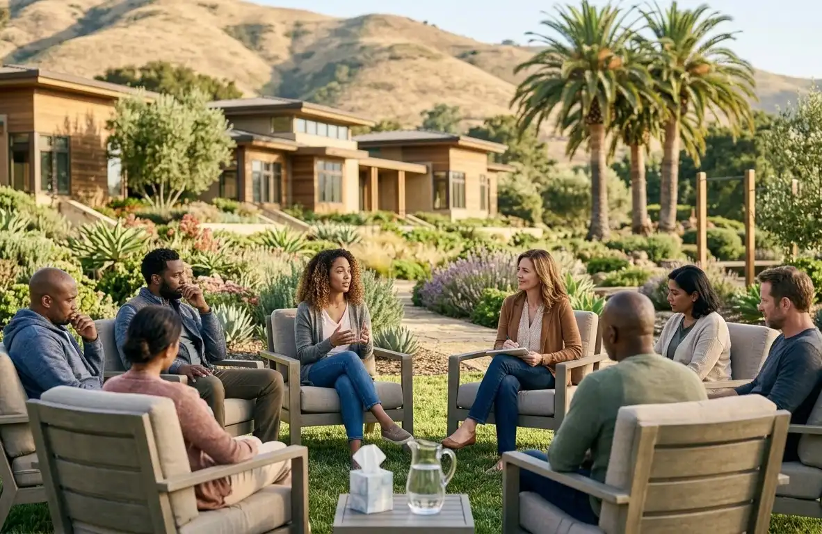 men and women during group therapy outside the treatment center